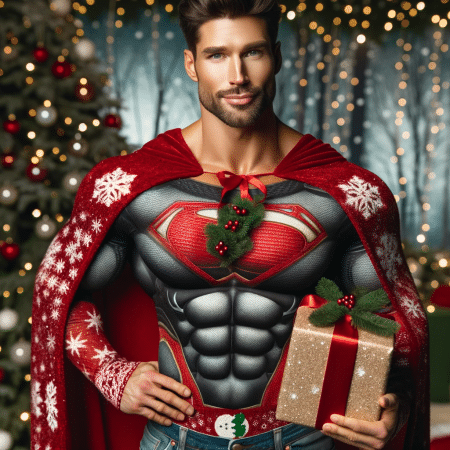 DALL·E 2023-12-19 11.33.14 - A muscular, attractive man dressed as a Christmas superhero, holding a gift. He is wearing a costume that combines traditional superhero elements with